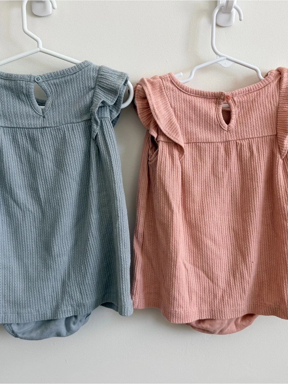 Ribbed Ruffle Baby Rompers - Dusty Blue & Blush Pink 24 mos